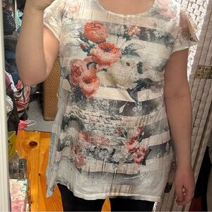 Dressbarn Floral Striped Blouse - Pink and Cream